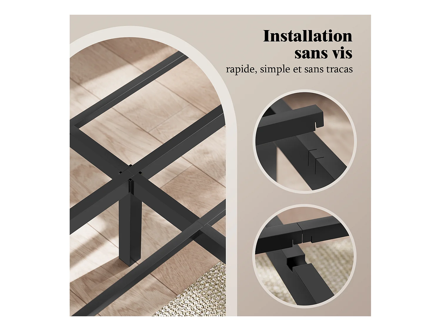 Lit 140x190 cm INRE, Cadre de Lit Double en Métal avec Lattes, Charge Max. 350 kg, Montage Facile, Lit 2 Personnes Silencieux, Noir