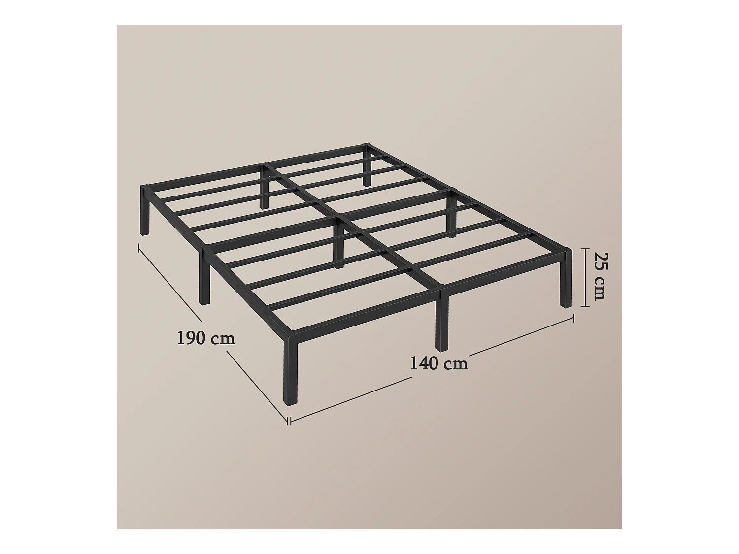 Lit 140x190 cm INRE, Cadre de Lit Double en Métal avec Lattes, Charge Max. 350 kg, Montage Facile, Lit 2 Personnes Silencieux, Noir