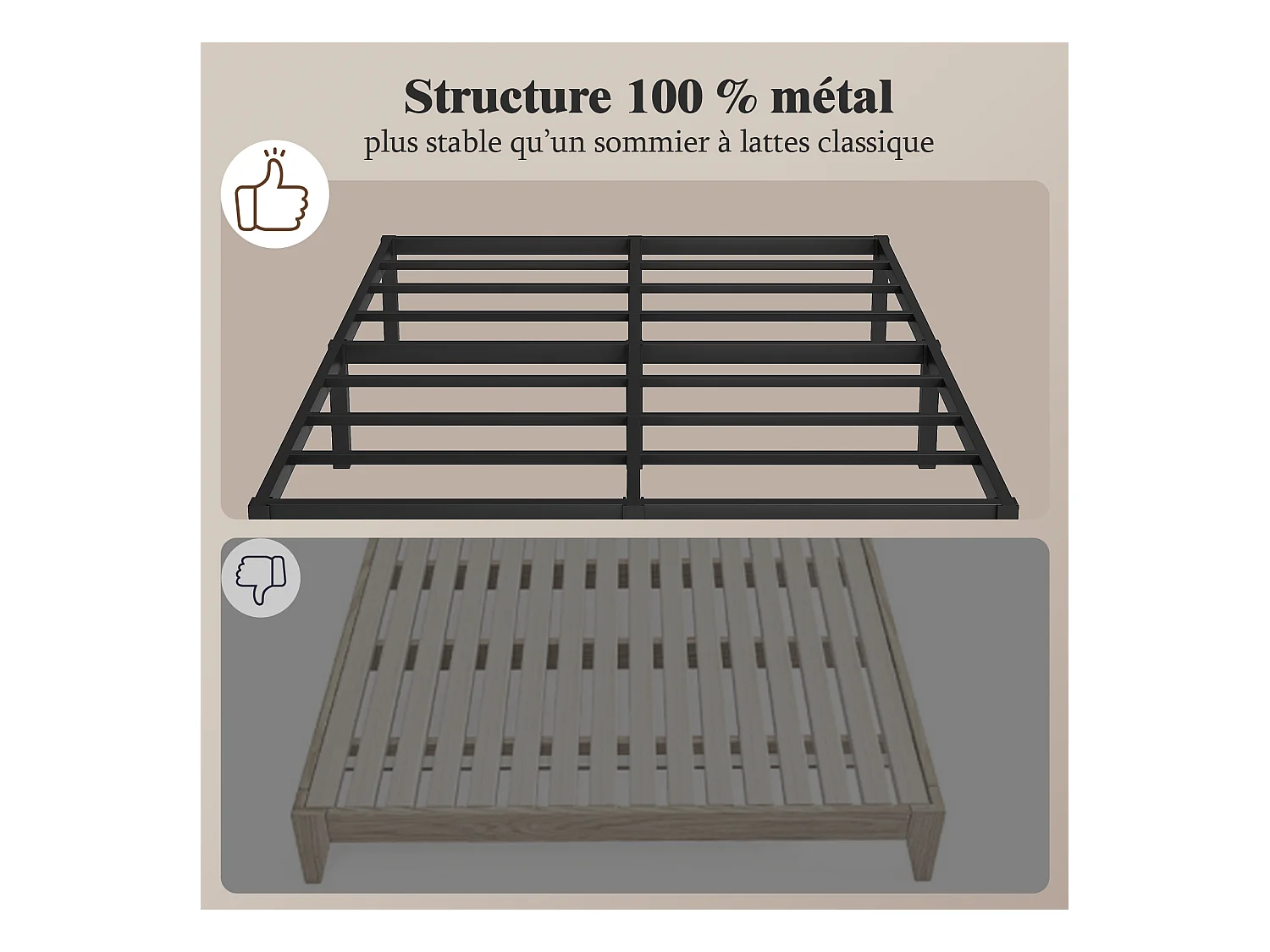 Lit 160x200 cm INRE, Cadre de Lit Double en Métal avec Lattes, Charge Max. 350 kg, Montage Facile, Lit 2 Personnes Silencieux, Noir