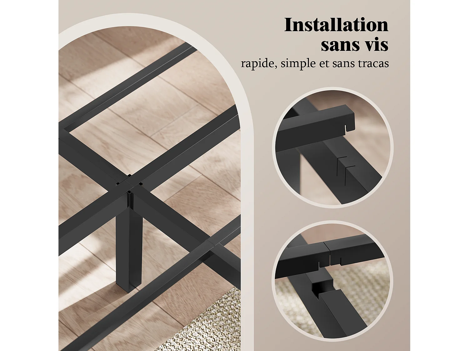 Lit 160x200 cm INRE, Cadre de Lit Double en Métal avec Lattes, Charge Max. 350 kg, Montage Facile, Lit 2 Personnes Silencieux, Noir