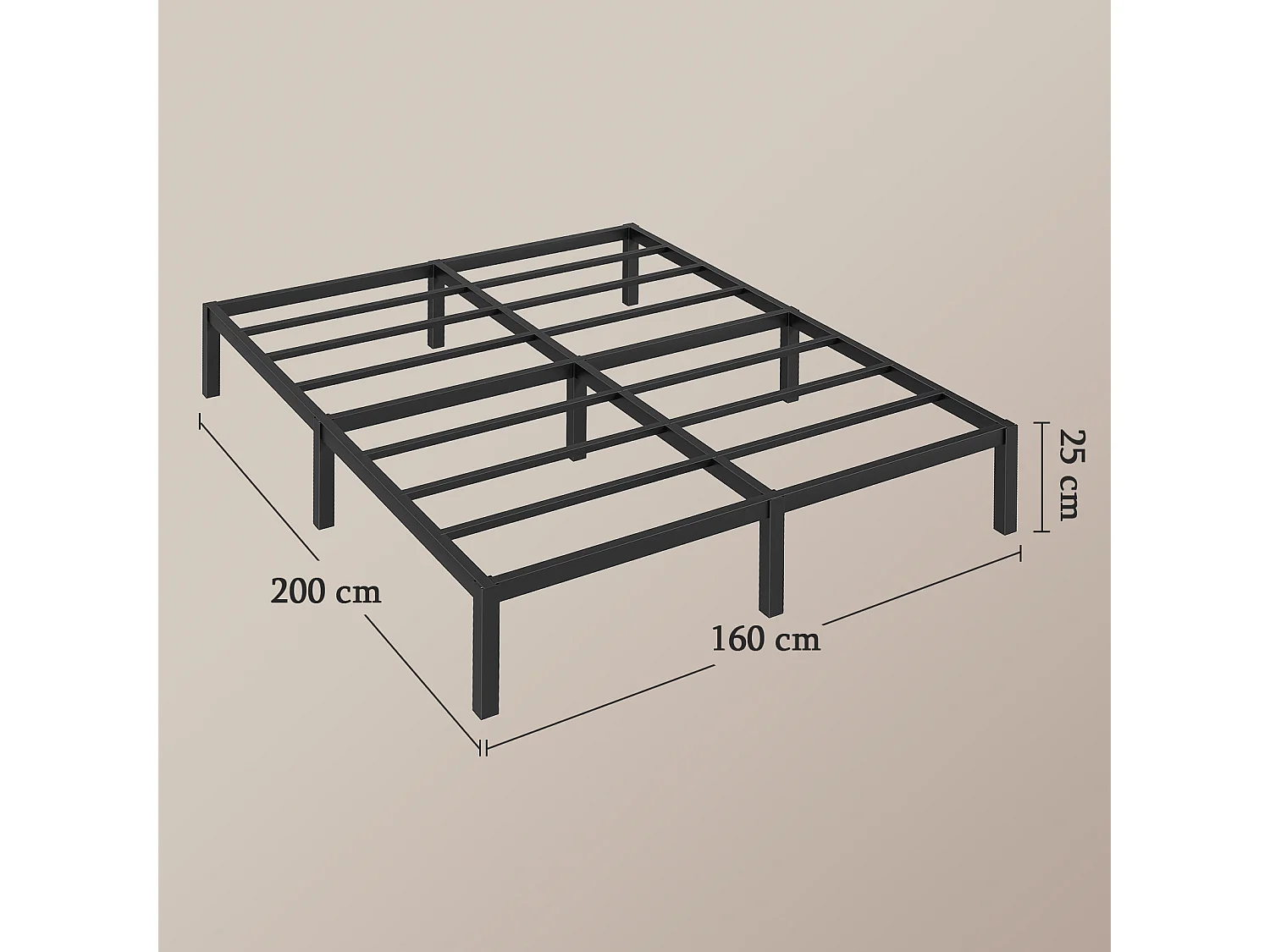 Lit 160x200 cm INRE, Cadre de Lit Double en Métal avec Lattes, Charge Max. 350 kg, Montage Facile, Lit 2 Personnes Silencieux, Noir