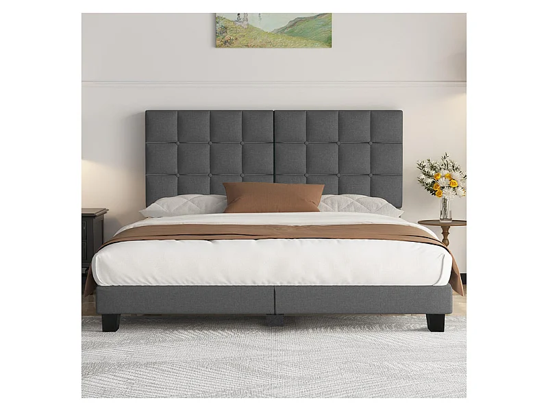 Lit Double 140x200 cm INRE- Structure de Lit avec Sommier à Lattes - Lit Capitonné avec Tête de Lit - Lit Adulte pour 2 Personne - Beige