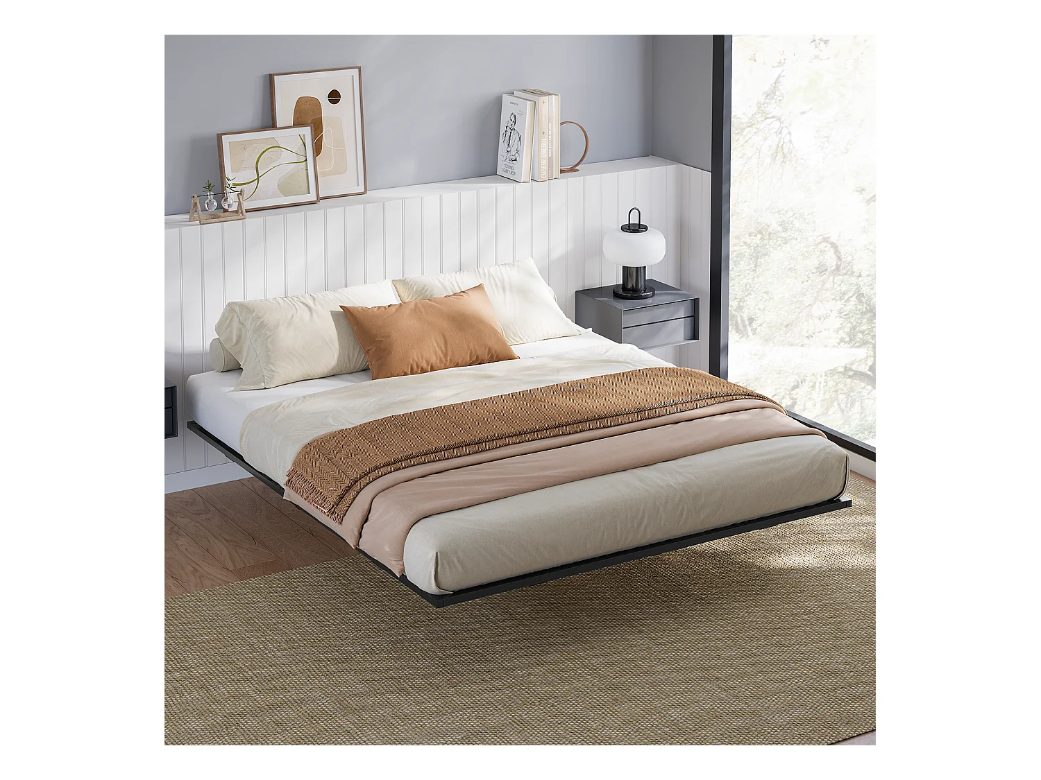 Lit 160x200 cm INRE, Cadre de Lit Double en Métal avec Lattes et LED, Charge Max. 350 kg, Lit 2 Personnes, Silencieux, Antidérapant