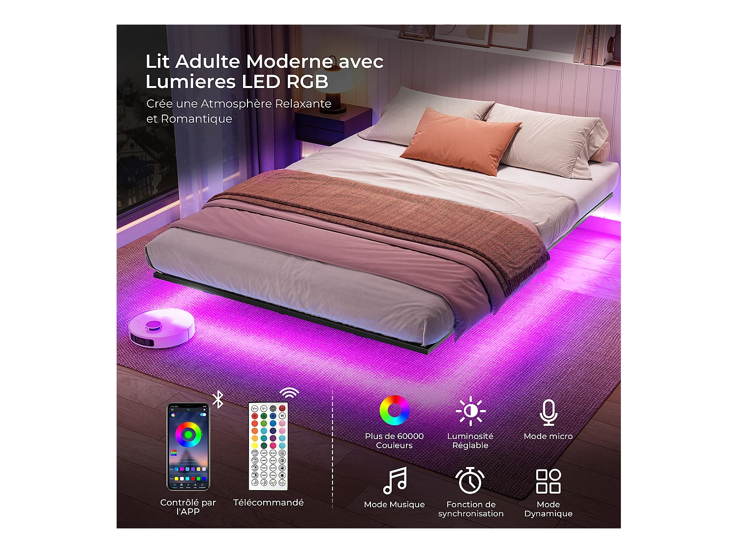 Lit 160x200 cm INRE, Cadre de Lit Double en Métal avec Lattes et LED, Charge Max. 350 kg, Lit 2 Personnes, Silencieux, Antidérapant