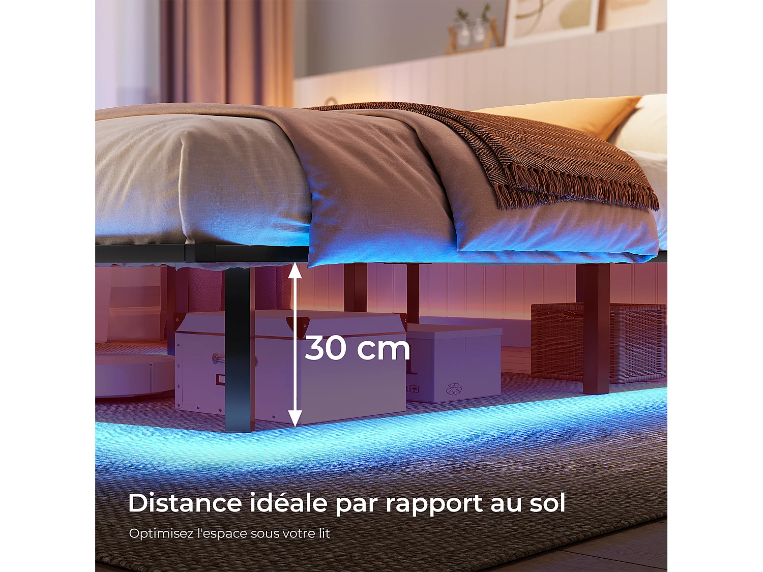 Lit 160x200 cm INRE, Cadre de Lit Double en Métal avec Lattes et LED, Charge Max. 350 kg, Lit 2 Personnes, Silencieux, Antidérapant