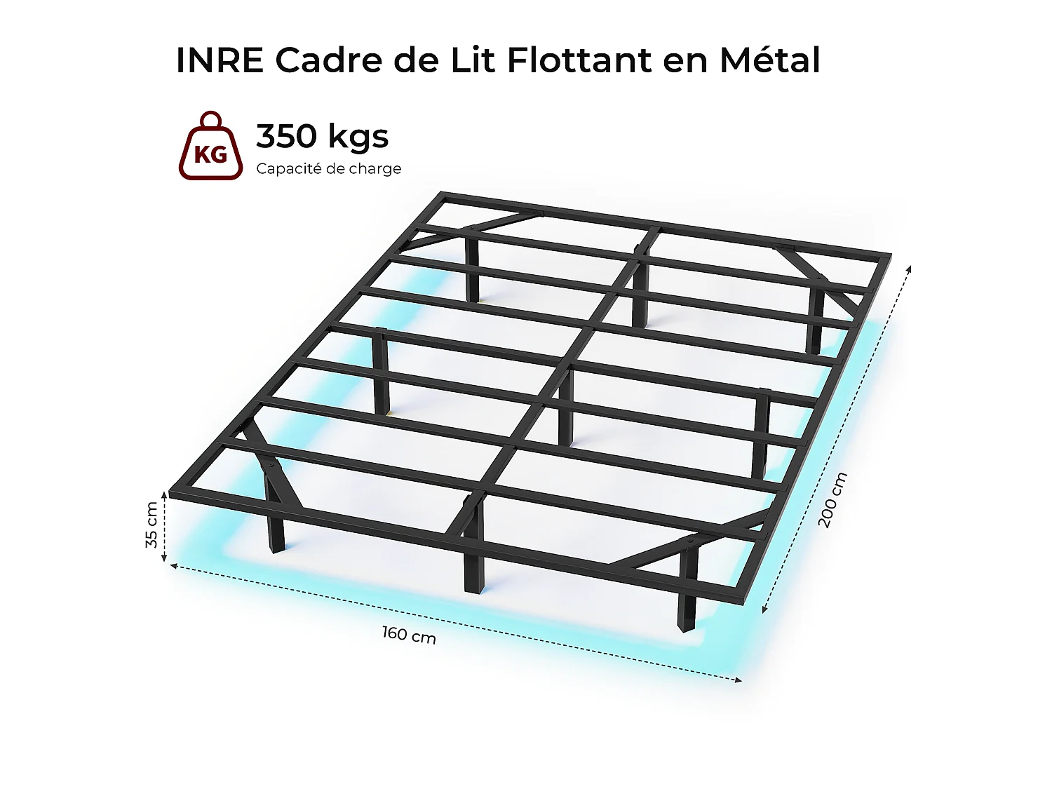 Lit 160x200 cm INRE, Cadre de Lit Double en Métal avec Lattes et LED, Charge Max. 350 kg, Lit 2 Personnes, Silencieux, Antidérapant
