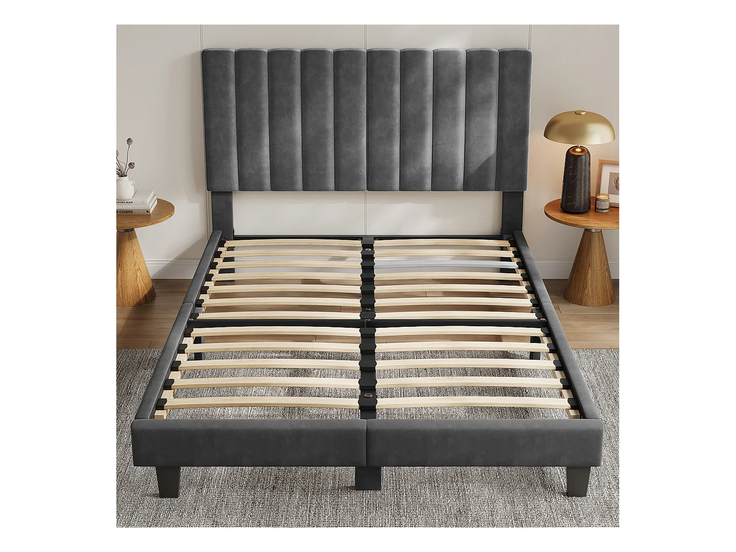 Lit adulte 160x200 cm inre - lit capitonné avec tête de lit en tissu - sommier à lattes - lit double pour 2 personnes - gris foncé