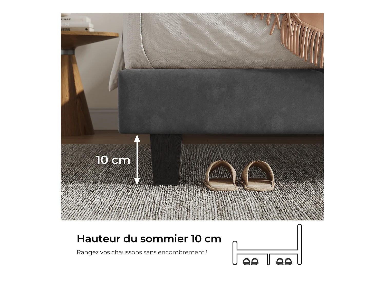 Lit adulte 160x200 cm inre - lit capitonné avec tête de lit en tissu - sommier à lattes - lit double pour 2 personnes - gris foncé