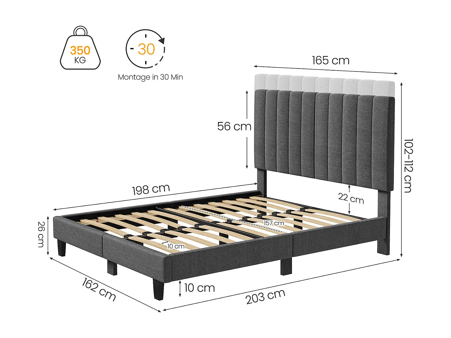 Lit adulte 160x200 cm inre - lit capitonné avec tête de lit en tissu - sommier à lattes - lit double pour 2 personnes - gris foncé