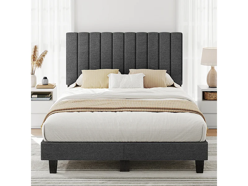 Lit adulte 160x200 cm inre - lit capitonné avec tête de lit en tissu - sommier à lattes - lit double pour 2 personnes - gris foncé