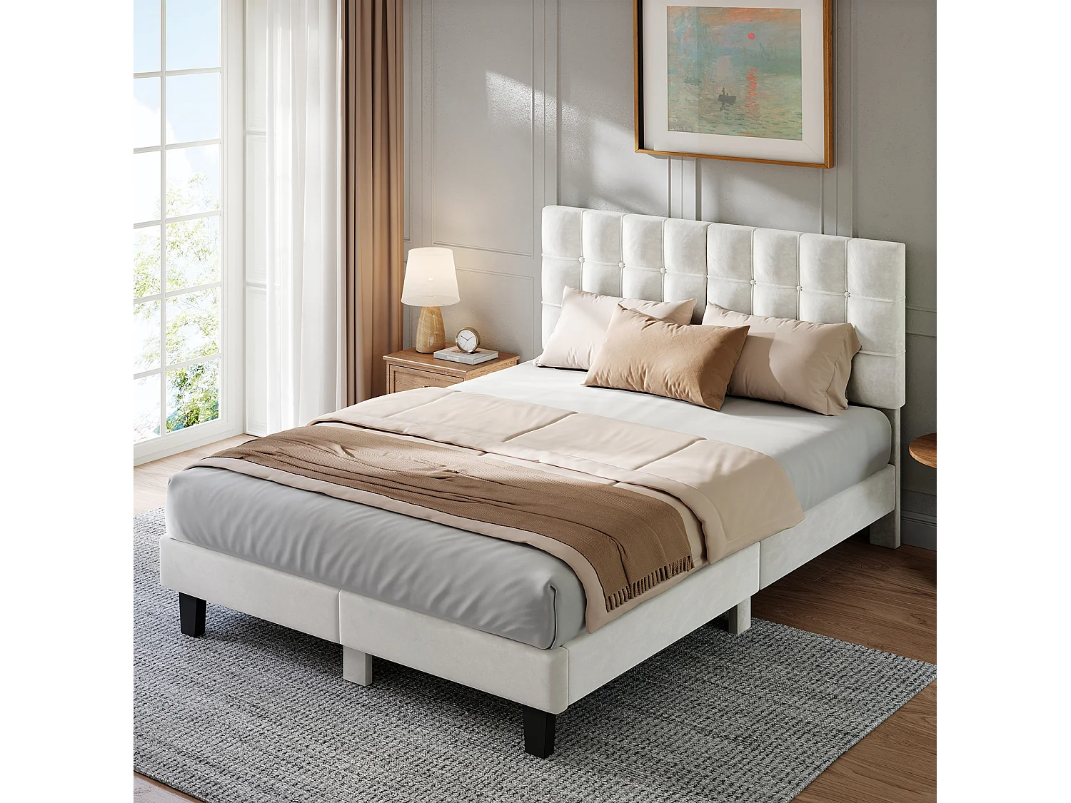Lit Double 180x200 cm INRE- Structure de Lit avec Sommier à Lattes - Lit Capitonné avec Tête de Lit - Lit Adulte pour 2 Personne - Beige