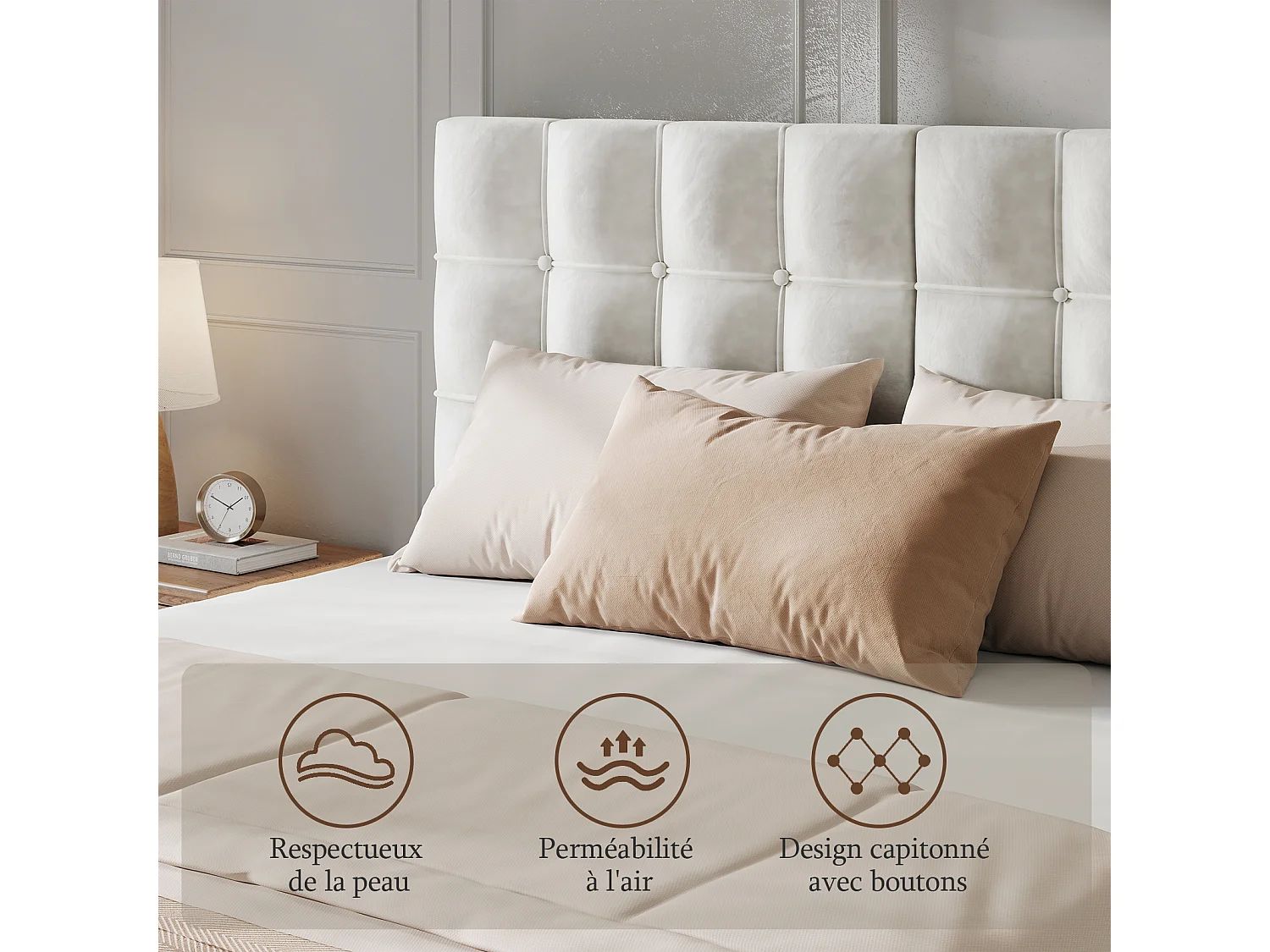 Lit Double 180x200 cm INRE- Structure de Lit avec Sommier à Lattes - Lit Capitonné avec Tête de Lit - Lit Adulte pour 2 Personne - Beige
