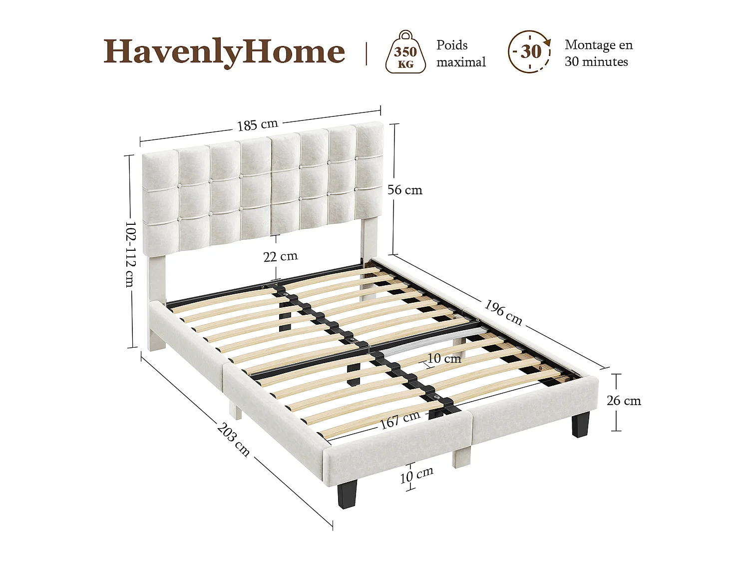 Lit Double 180x200 cm INRE- Structure de Lit avec Sommier à Lattes - Lit Capitonné avec Tête de Lit - Lit Adulte pour 2 Personne - Beige