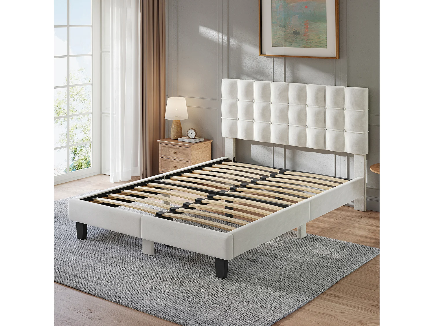Lit Double 180x200 cm INRE- Structure de Lit avec Sommier à Lattes - Lit Capitonné avec Tête de Lit - Lit Adulte pour 2 Personne - Beige