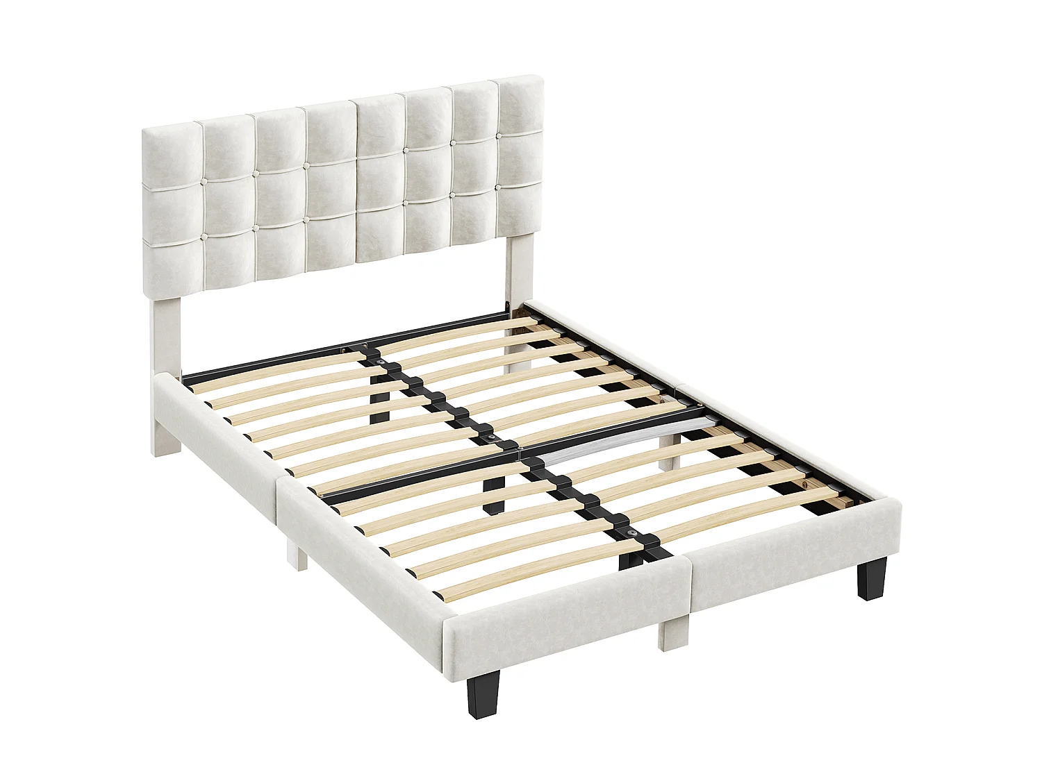 Lit Double 180x200 cm INRE- Structure de Lit avec Sommier à Lattes - Lit Capitonné avec Tête de Lit - Lit Adulte pour 2 Personne - Beige