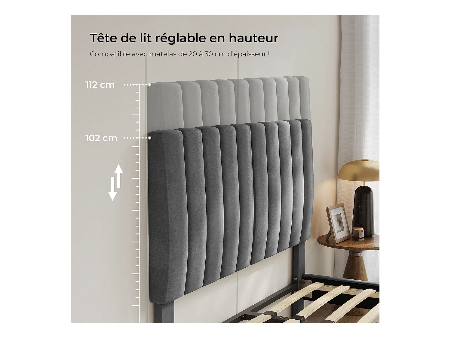 Lit adulte 180x200 cm inre - lit capitonné avec tête de lit en tissu - sommier à lattes - lit double pour 2 personnes - gris foncé