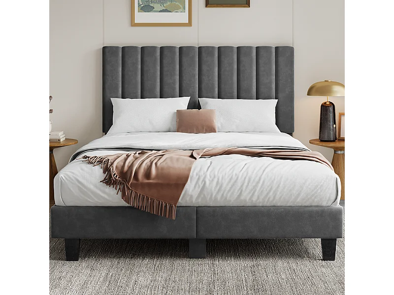 Lit adulte 140x200 cm inre - lit capitonné avec tête de lit en tissu - sommier à lattes - lit double pour 2 personnes - gris foncé