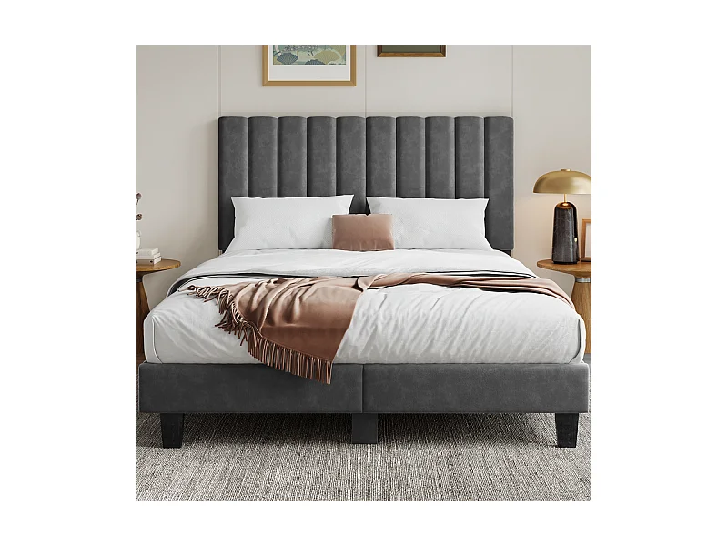 Lit adulte 140x200 cm inre - lit capitonné avec tête de lit en tissu - sommier à lattes - lit double pour 2 personnes - gris foncé