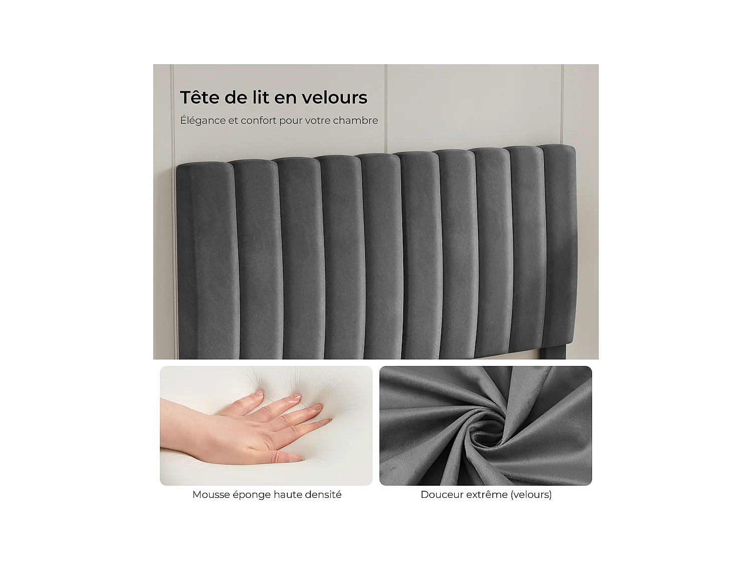 Lit adulte 140x200 cm inre - lit capitonné avec tête de lit en tissu - sommier à lattes - lit double pour 2 personnes - gris foncé