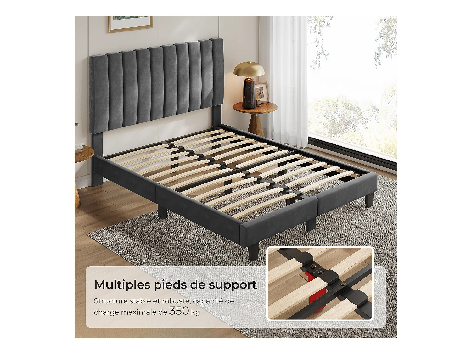 Lit adulte 140x200 cm inre - lit capitonné avec tête de lit en tissu - sommier à lattes - lit double pour 2 personnes - gris foncé