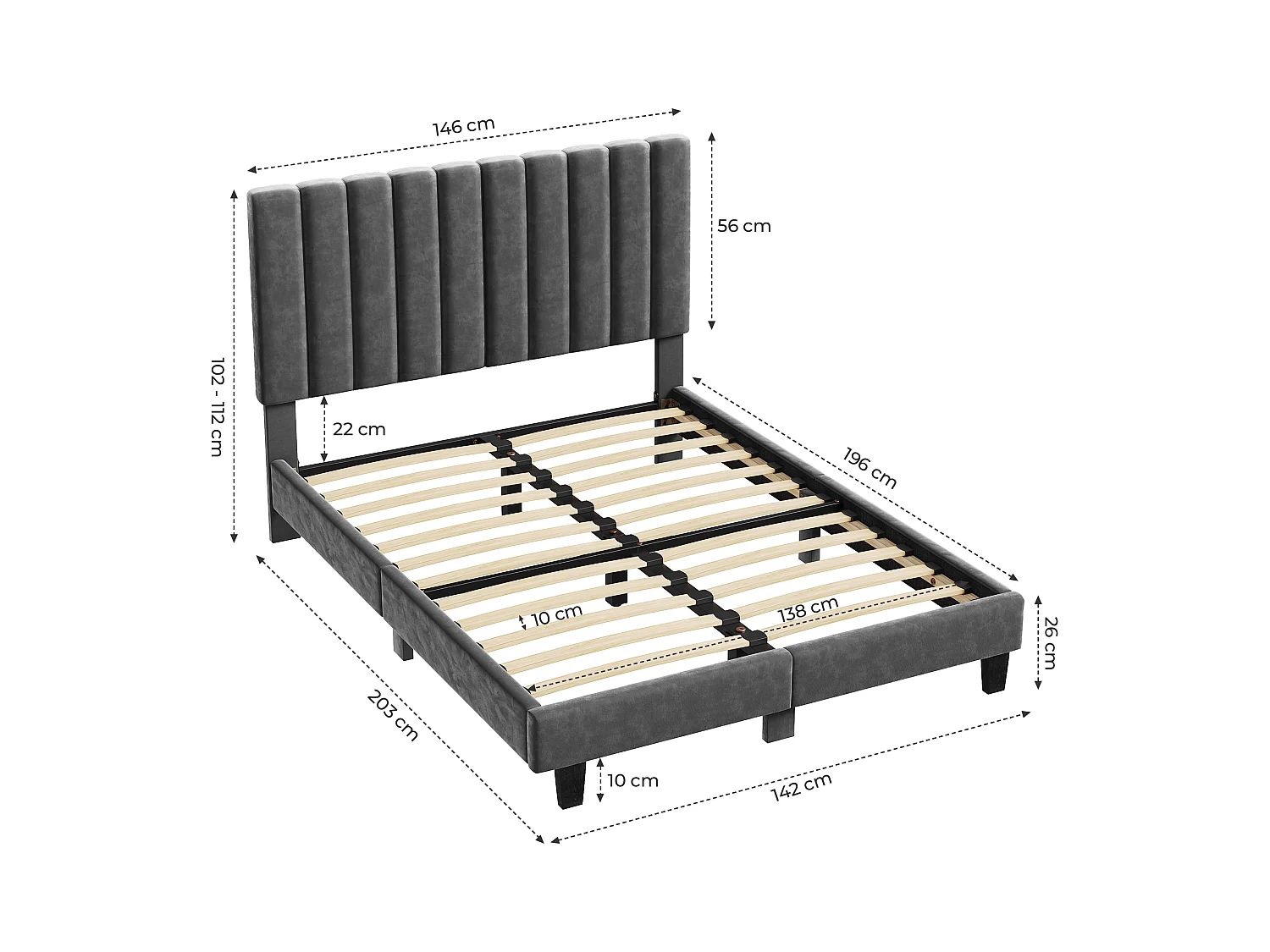 Lit adulte 140x200 cm inre - lit capitonné avec tête de lit en tissu - sommier à lattes - lit double pour 2 personnes - gris foncé
