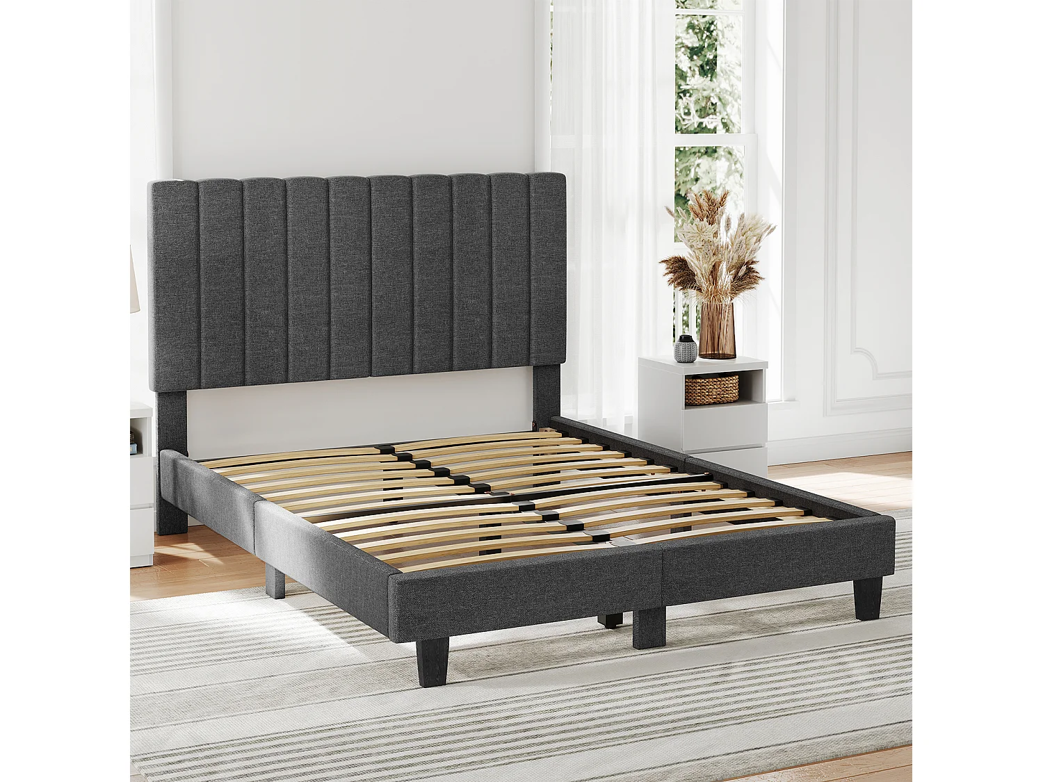 Lit adulte 140x200 cm inre - lit capitonné avec tête de lit en tissu - sommier à lattes - lit double pour 2 personnes - gris foncé