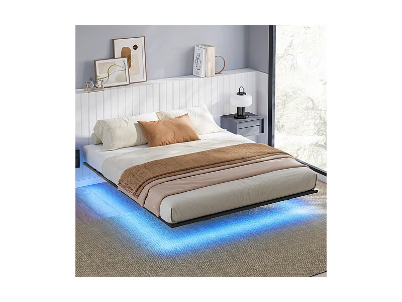 Lit 140x190 cm INRE, Cadre de Lit Double en Métal avec Lattes et LED, Charge Max. 350 kg, Lit 2 Personnes, Silencieux, Antidérapant