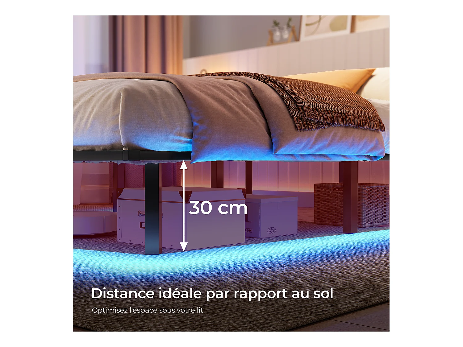 Lit 140x190 cm INRE, Cadre de Lit Double en Métal avec Lattes et LED, Charge Max. 350 kg, Lit 2 Personnes, Silencieux, Antidérapant