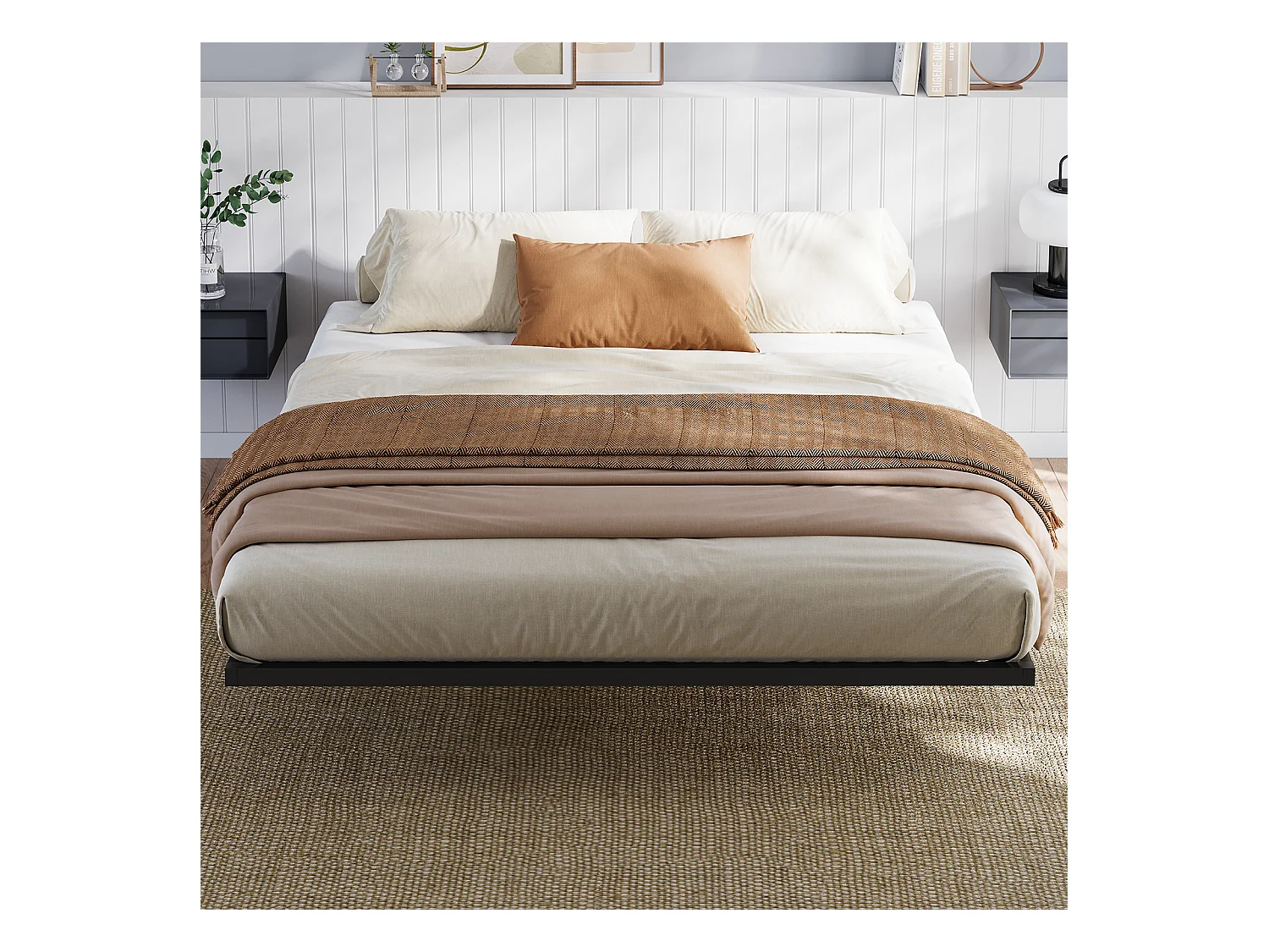 Lit 140x190 cm INRE, Cadre de Lit Double en Métal avec Lattes et LED, Charge Max. 350 kg, Lit 2 Personnes, Silencieux, Antidérapant