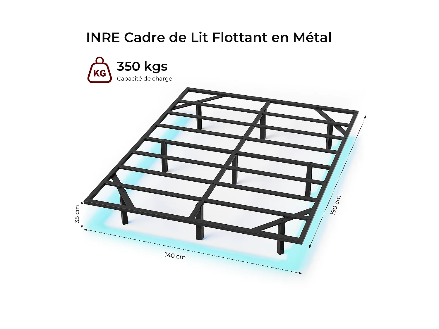 Lit 140x190 cm INRE, Cadre de Lit Double en Métal avec Lattes et LED, Charge Max. 350 kg, Lit 2 Personnes, Silencieux, Antidérapant