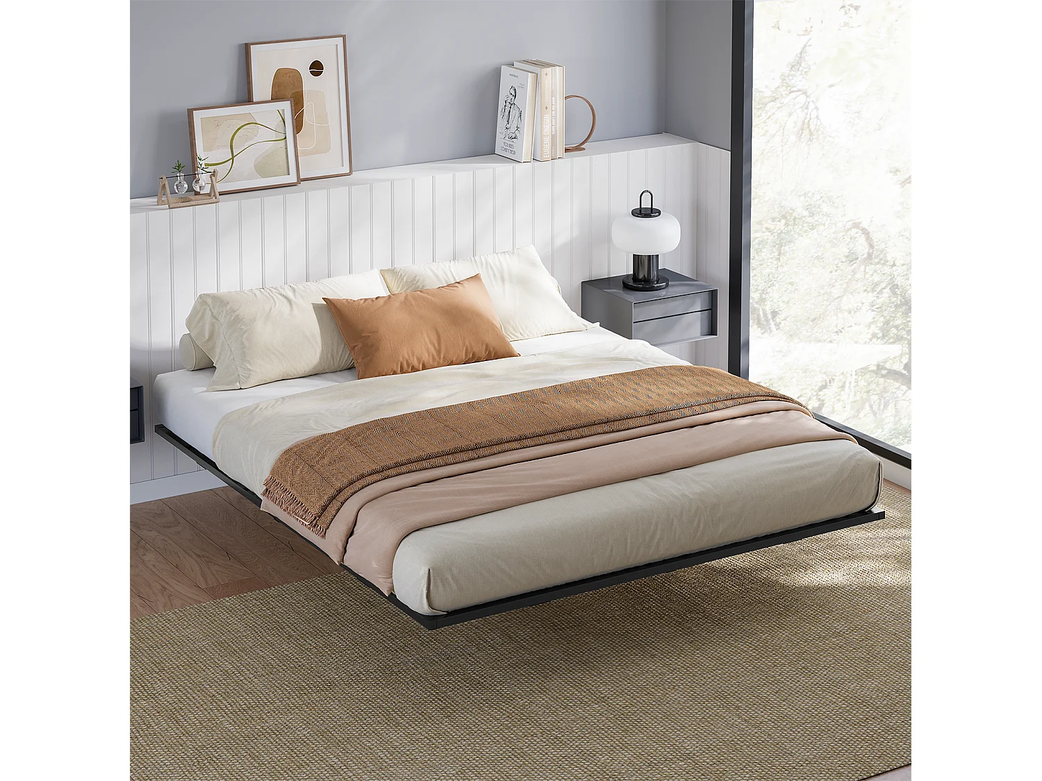 Lit 140x190 cm INRE, Cadre de Lit Double en Métal avec Lattes et LED, Charge Max. 350 kg, Lit 2 Personnes, Silencieux, Antidérapant