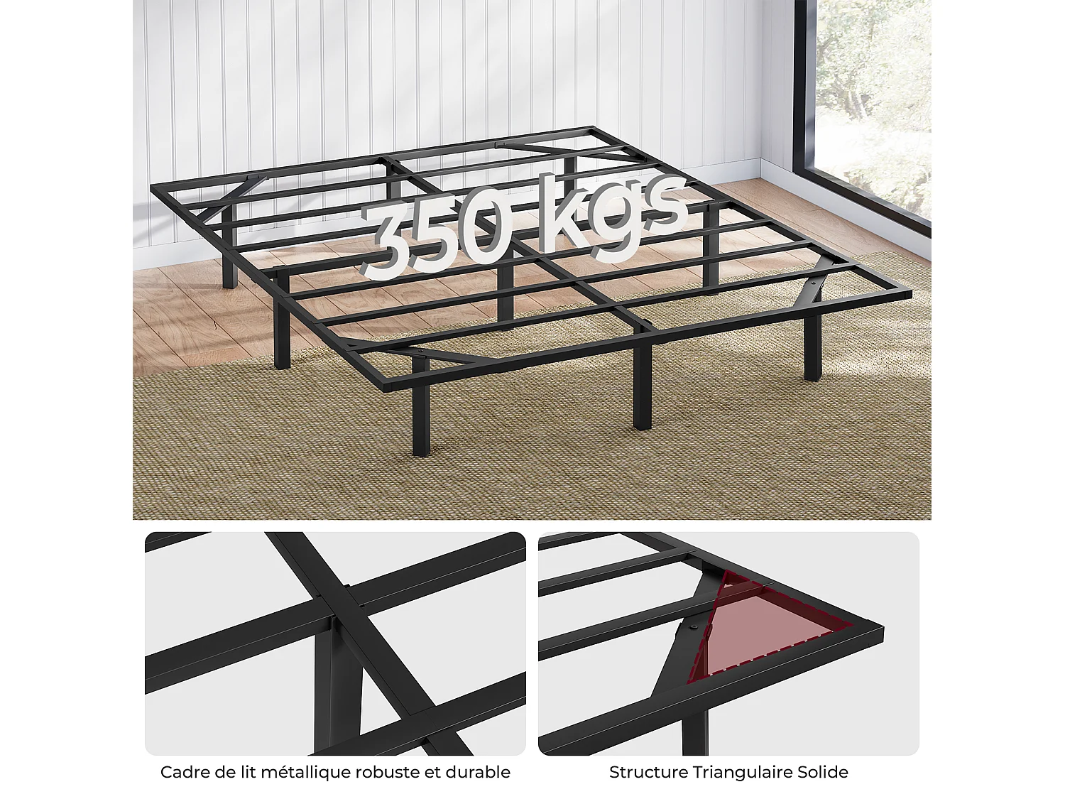 Lit 140x190 cm INRE, Cadre de Lit Double en Métal avec Lattes et LED, Charge Max. 350 kg, Lit 2 Personnes, Silencieux, Antidérapant