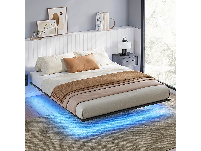 Lit 140x190 cm INRE, Cadre de Lit Double en Métal avec Lattes et LED, Charge Max. 350 kg, Lit 2 Personnes, Silencieux, Antidérapant