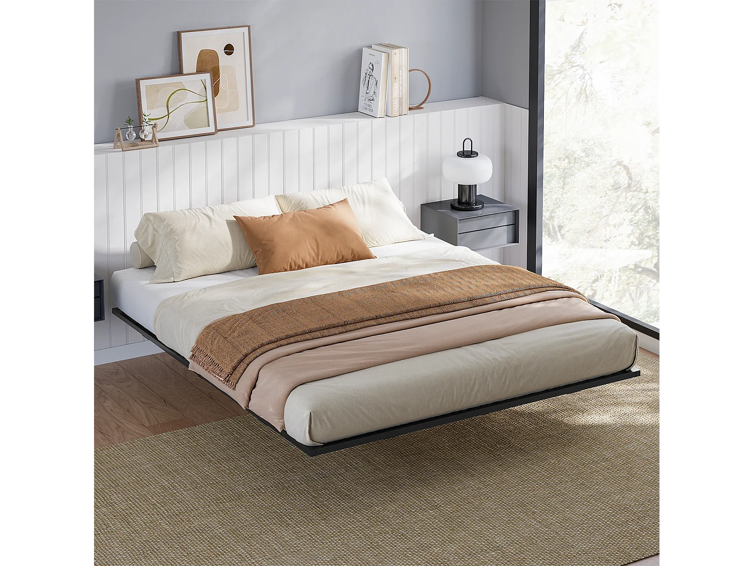 Lit 140x190 cm INRE, Cadre de Lit Double en Métal avec Lattes et LED, Charge Max. 350 kg, Lit 2 Personnes, Silencieux, Antidérapant