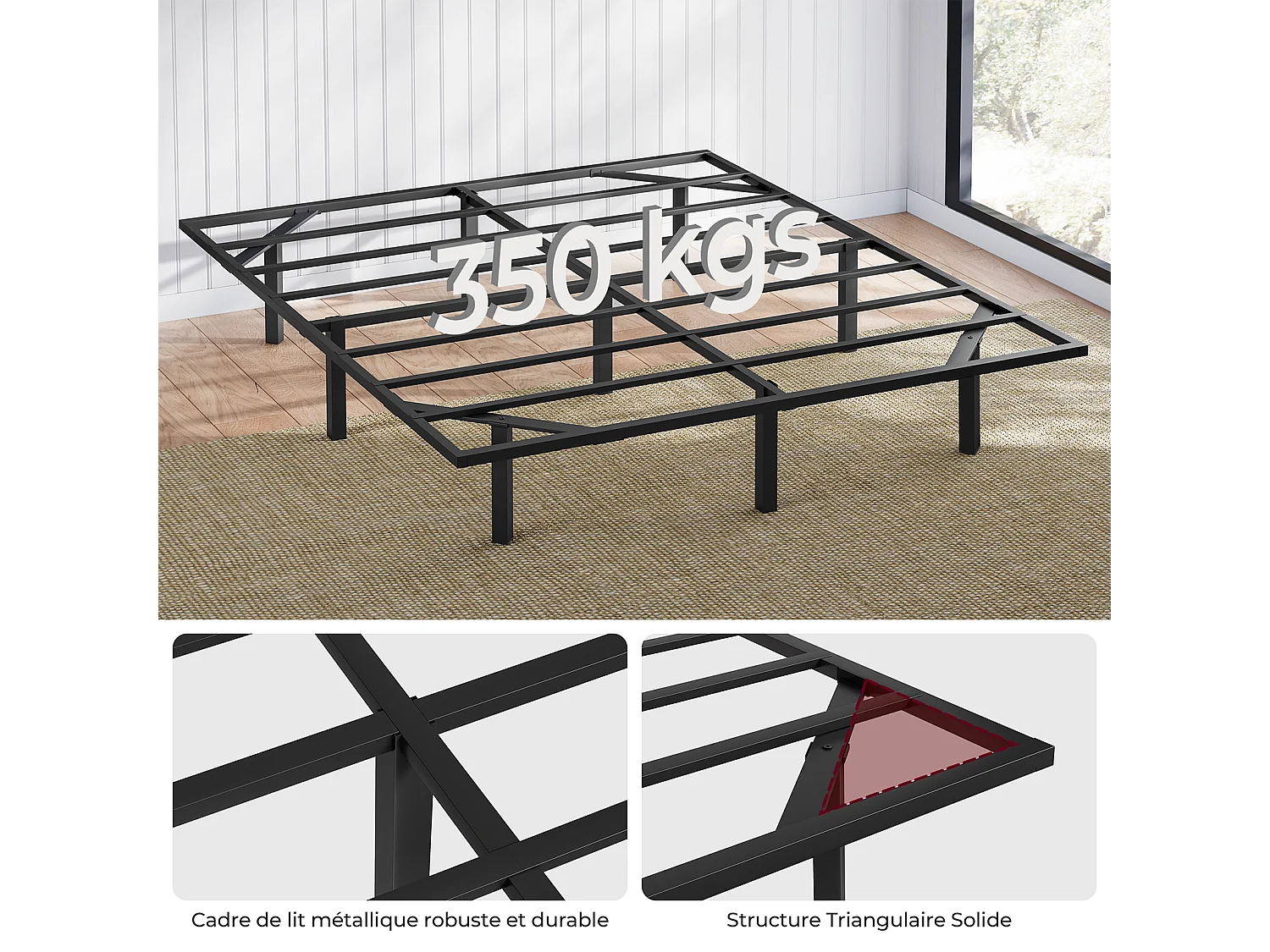 Lit 140x190 cm INRE, Cadre de Lit Double en Métal avec Lattes et LED, Charge Max. 350 kg, Lit 2 Personnes, Silencieux, Antidérapant