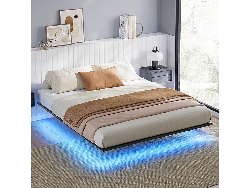 Lit 140x190 cm INRE, Cadre de Lit Double en Métal avec Lattes et LED, Charge Max. 350 kg, Lit 2 Personnes, Silencieux, Antidérapant