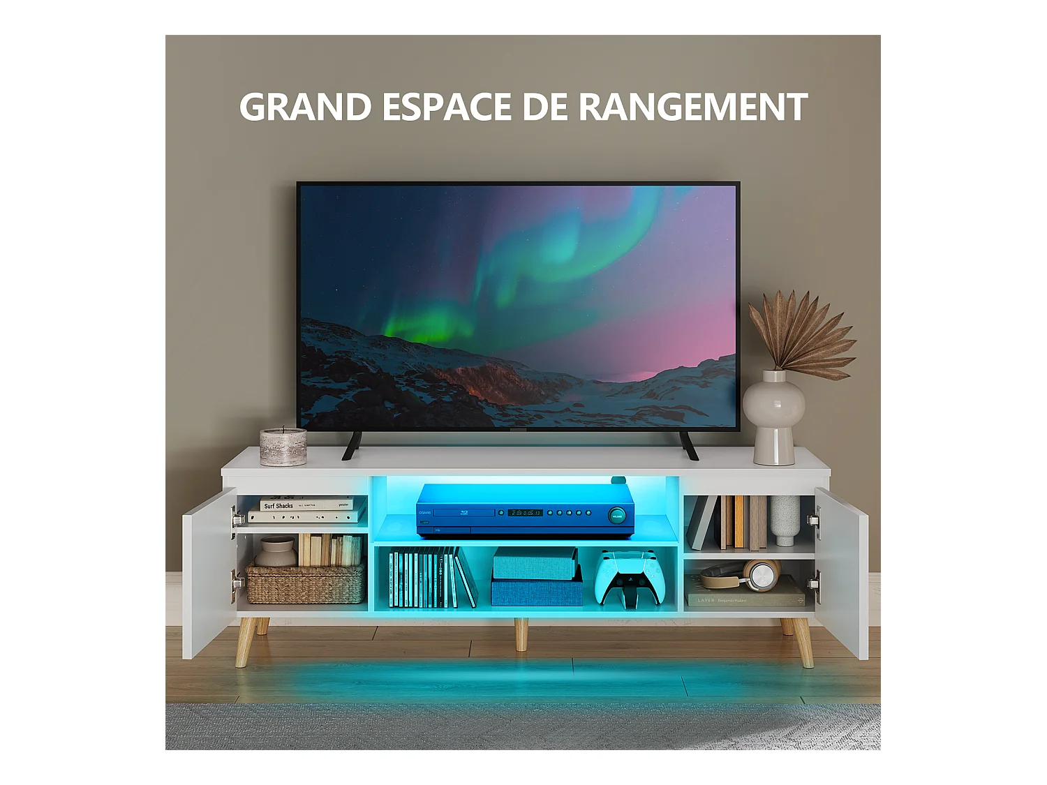 Meuble TV LED 140 cm HavenlyHome, Support TV avec 2 Portes et 2 Etagères, pour Télévision jusqu'à 65", pour Salon et Chambre, Blanc