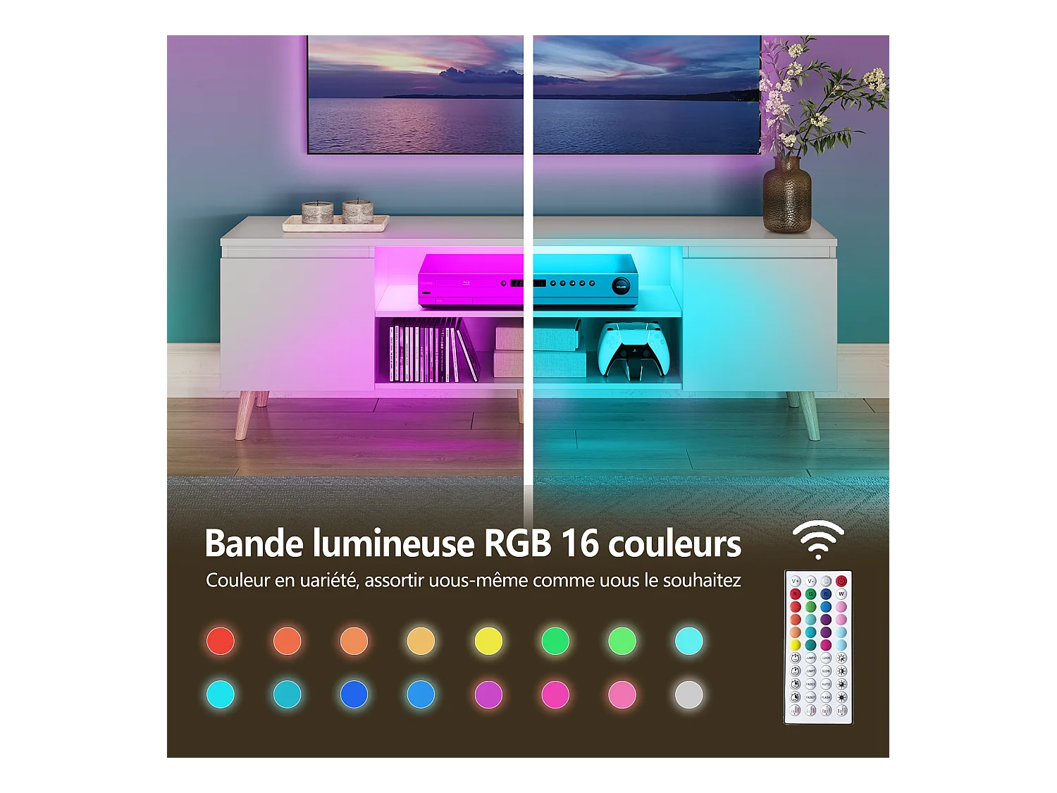 Meuble TV LED 140 cm HavenlyHome, Support TV avec 2 Portes et 2 Etagères, pour Télévision jusqu'à 65", pour Salon et Chambre, Blanc