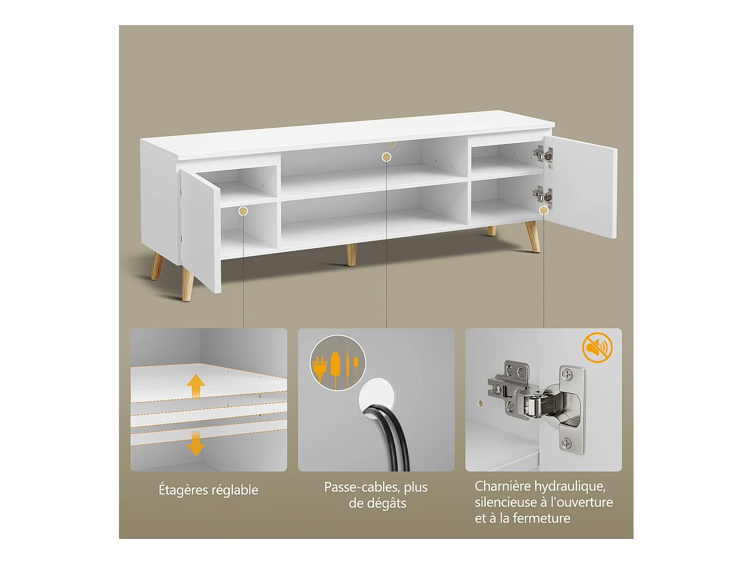 Meuble TV LED 140 cm HavenlyHome, Support TV avec 2 Portes et 2 Etagères, pour Télévision jusqu'à 65", pour Salon et Chambre, Blanc