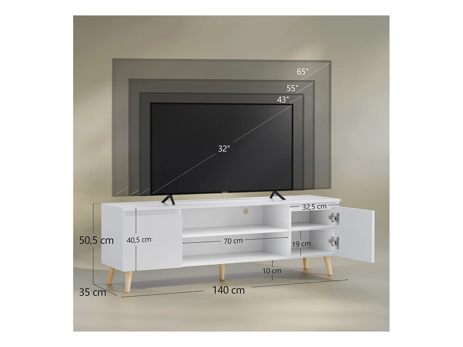 Meuble TV LED 140 cm HavenlyHome, Support TV avec 2 Portes et 2 Etagères, pour Télévision jusqu'à 65", pour Salon et Chambre, Blanc