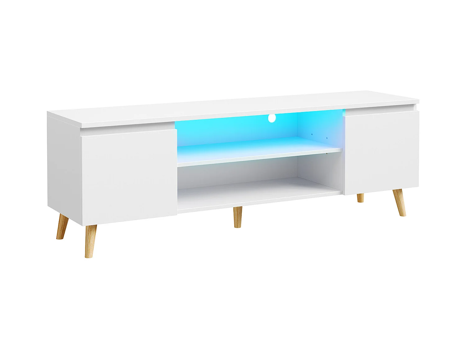 Meuble TV LED 140 cm HavenlyHome, Support TV avec 2 Portes et 2 Etagères, pour Télévision jusqu'à 65", pour Salon et Chambre, Blanc