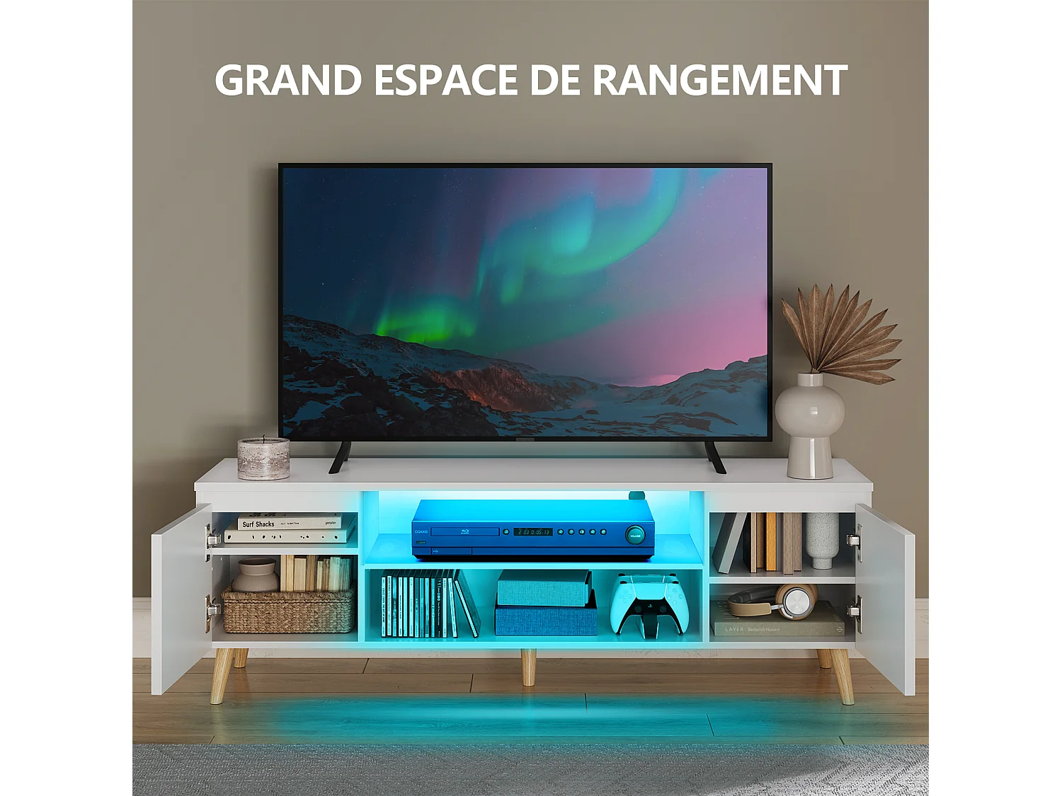Meuble TV LED 140 cm HavenlyHome, Support TV avec 2 Portes et 2 Etagères, pour Télévision jusqu'à 65", pour Salon et Chambre, Blanc