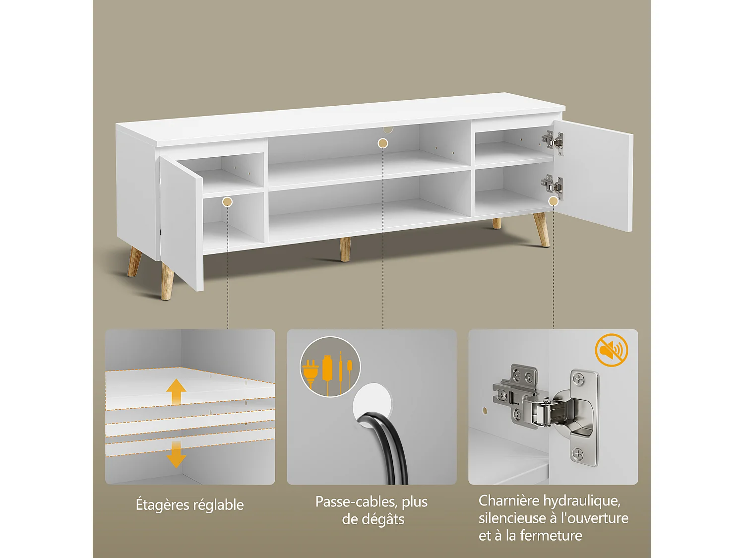 Meuble TV LED 140 cm HavenlyHome, Support TV avec 2 Portes et 2 Etagères, pour Télévision jusqu'à 65", pour Salon et Chambre, Blanc