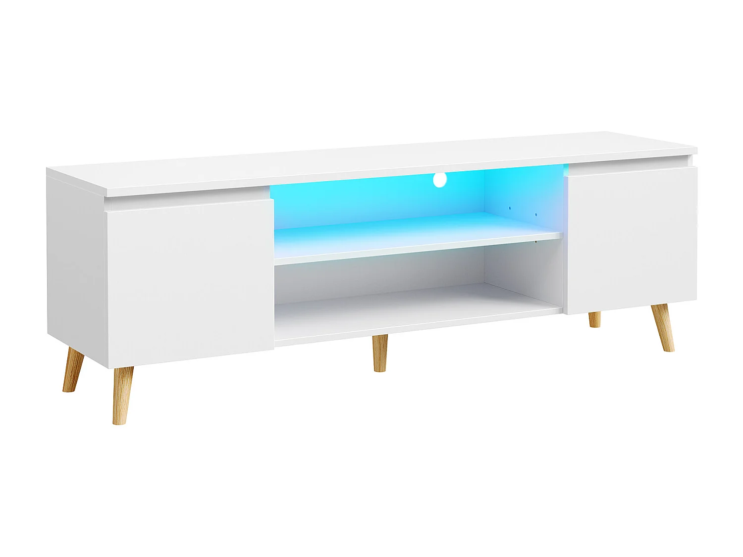 Meuble TV LED 140 cm HavenlyHome, Support TV avec 2 Portes et 2 Etagères, pour Télévision jusqu'à 65", pour Salon et Chambre, Blanc