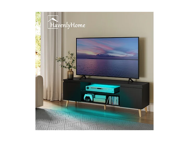 Meuble TV LED 140 cm HavenlyHome, Support TV avec 2 Portes et 2 Etagères, pour Télévision jusqu'à 65", pour Salon et Chambre, Noir