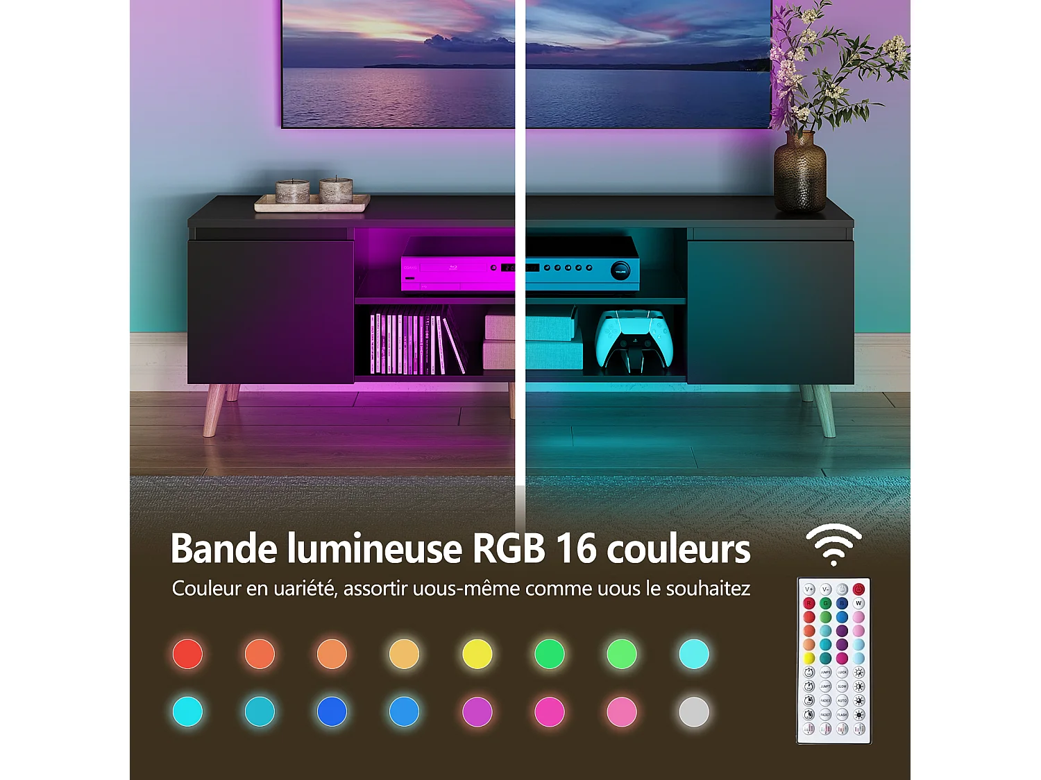 Meuble TV LED 140 cm HavenlyHome, Support TV avec 2 Portes et 2 Etagères, pour Télévision jusqu'à 65", pour Salon et Chambre, Noir