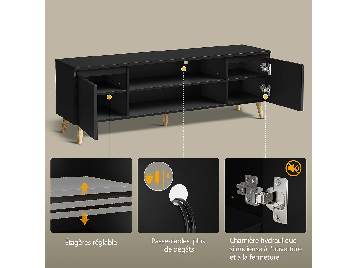 Meuble TV LED 140 cm HavenlyHome, Support TV avec 2 Portes et 2 Etagères, pour Télévision jusqu'à 65", pour Salon et Chambre, Noir