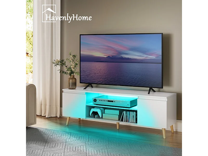 Meuble TV LED 120 cm HavenlyHome, Support TV avec 2 Portes et 2 Etagères, pour Télévision jusqu'à 55", pour Salon et Chambre, Blanc