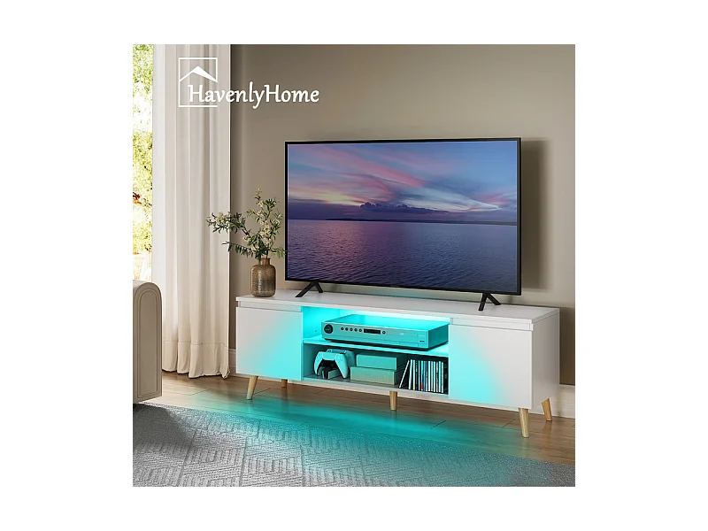 Meuble TV LED 120 cm HavenlyHome, Support TV avec 2 Portes et 2 Etagères, pour Télévision jusqu'à 55", pour Salon et Chambre, Blanc