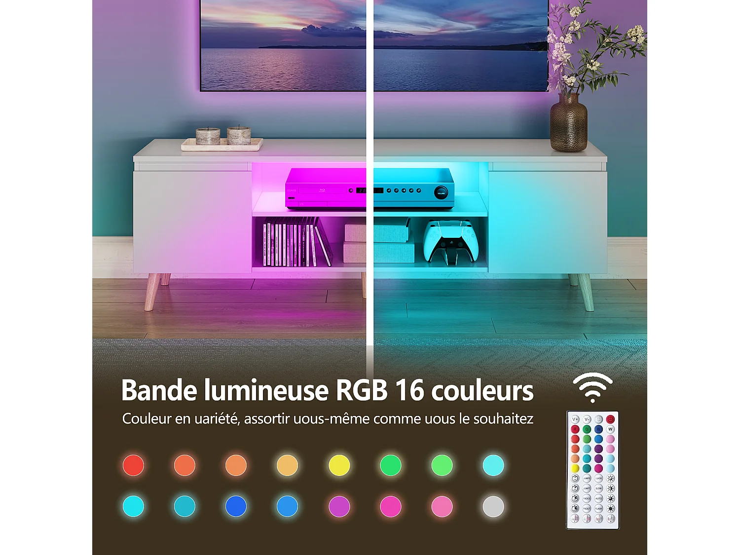 Meuble TV LED 120 cm HavenlyHome, Support TV avec 2 Portes et 2 Etagères, pour Télévision jusqu'à 55", pour Salon et Chambre, Blanc